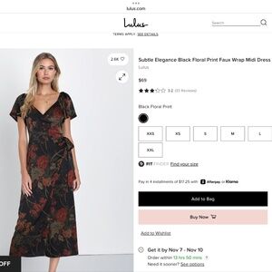 Elegance Subtle Black Floral Print Faux Wrap Midi Dress TAGS